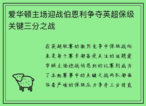爱华顿主场迎战伯恩利争夺英超保级关键三分之战