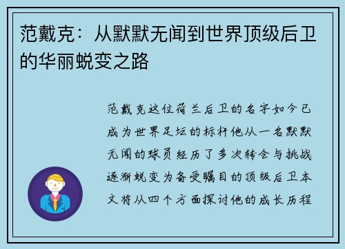 范戴克：从默默无闻到世界顶级后卫的华丽蜕变之路